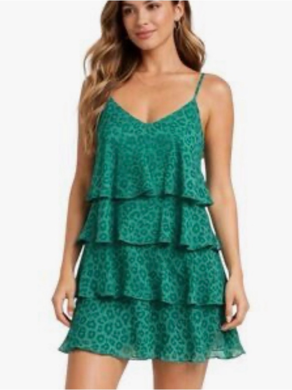 show me your mumu Becca ruffle tiered green leopard print mini dress XS